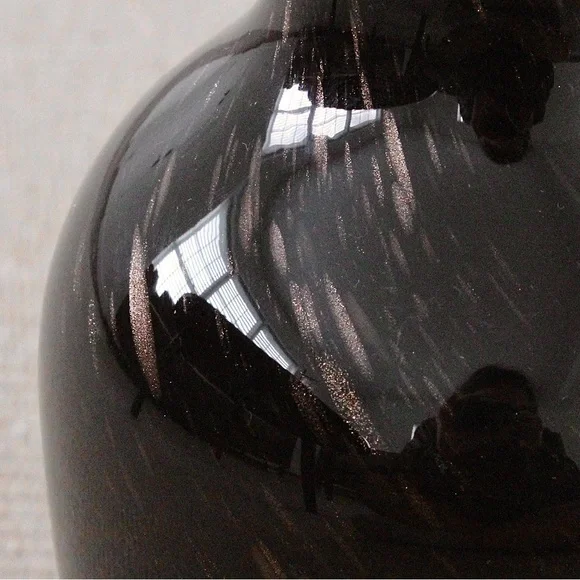 Vintage Black Aventurine Art Glass Vase Copper Dust Fleck Scroll Handle